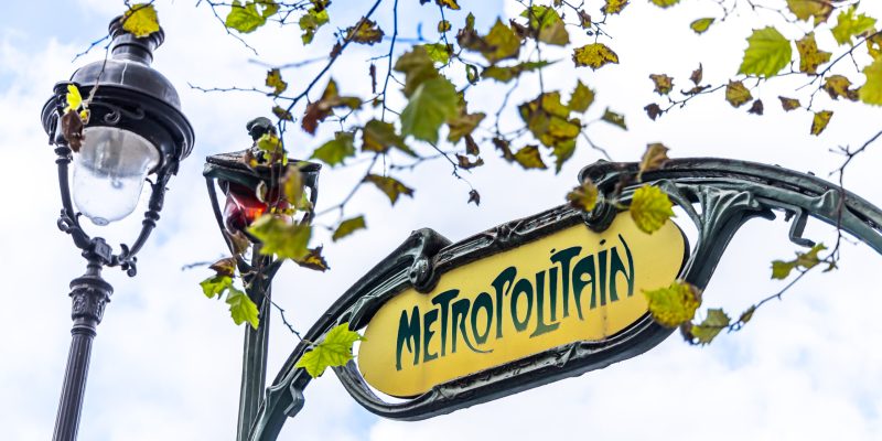 Sign at the entrance of a metro station in Paris, France